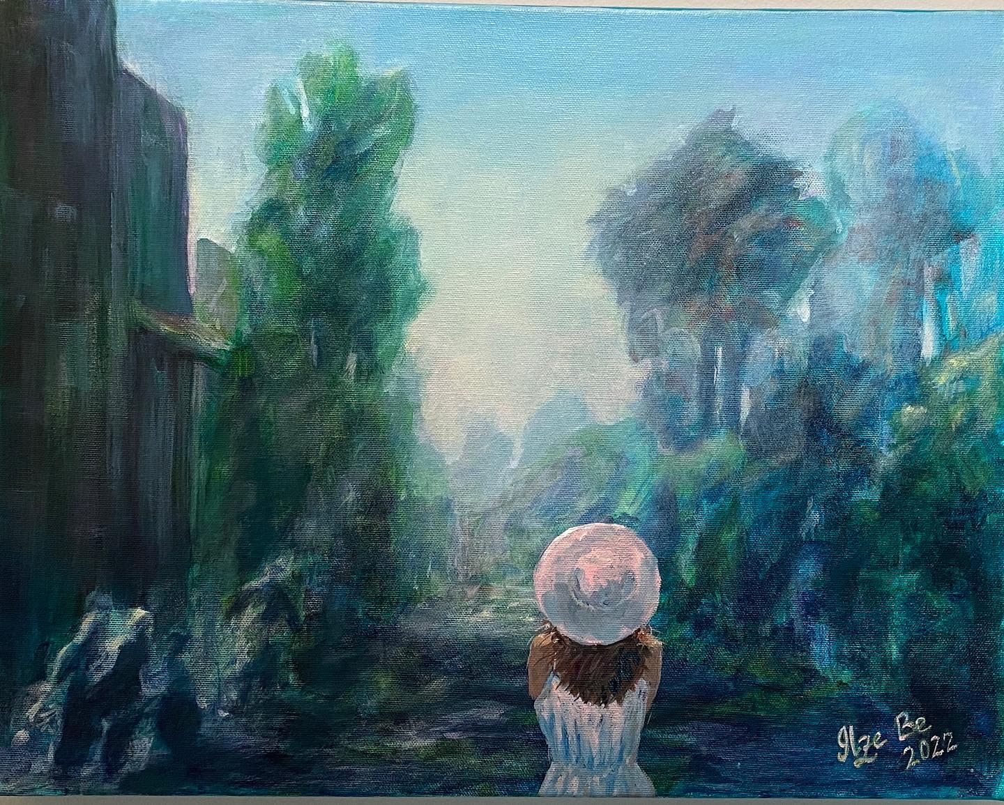 A painting with a shady street with a light female figure facing it in the foreground